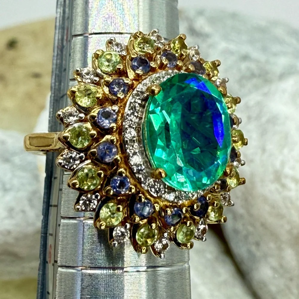NWT Peacock Quartz Multi-Gem Dahlia Floral Ring Vermeil Gold over 925 4.15ctw